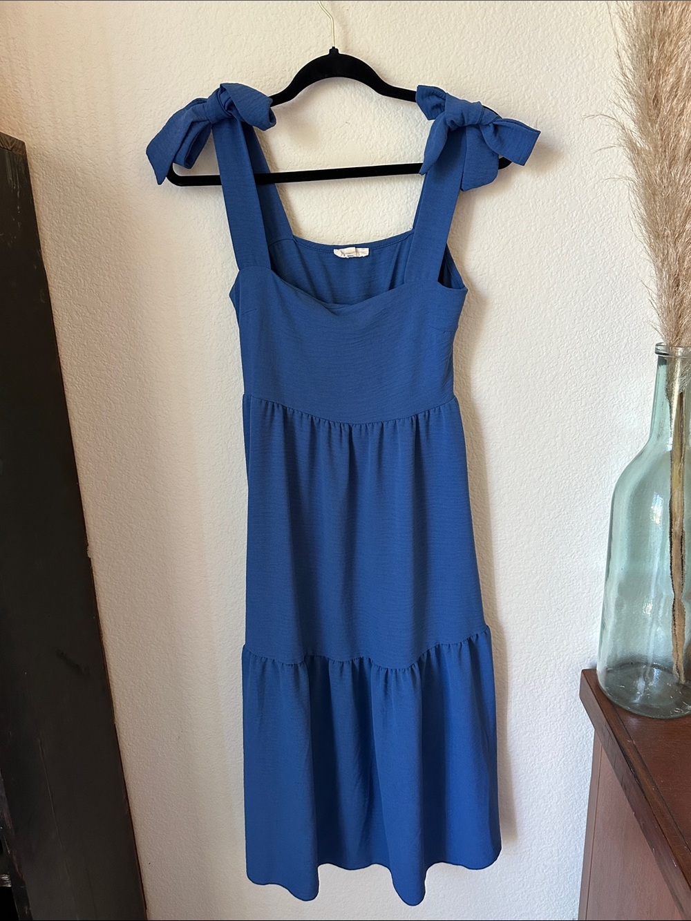 Sleeveless Slate Blue Midi Dress with Tie Shoulder Straps